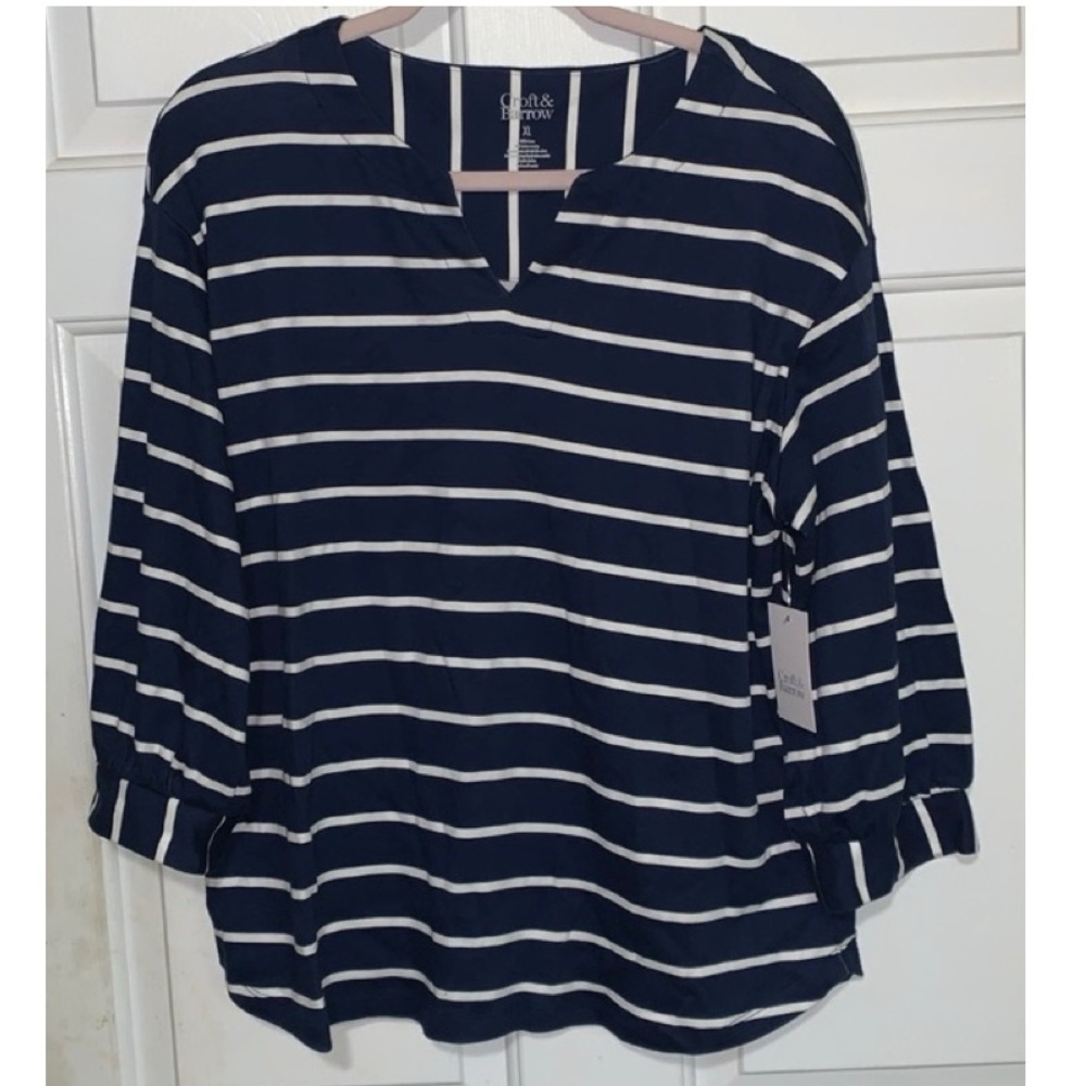 🍇 CROFT & BARROW 100% Cotton Blue Striped V-neck Top NWT XL